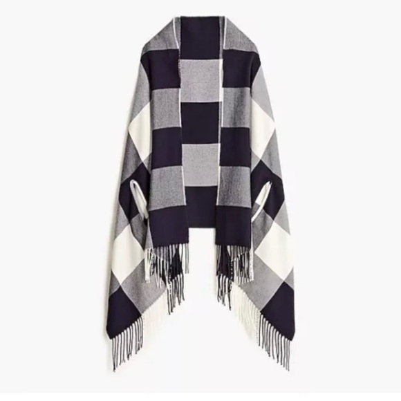J Crew Oversized Black Ivory Plaid Cape Scarf w/ Arm Holes H2857 71" x 29" - Picture 1 of 5